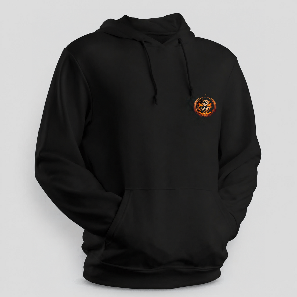 Sudadera negra TLK Pumpkin de adulto con capucha y pequeño diseño de calabaza con león en el pecho