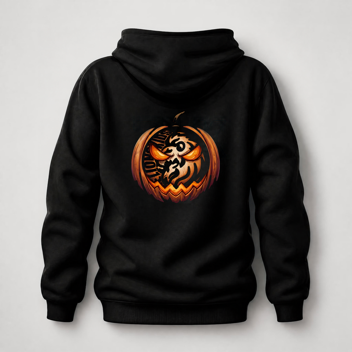 Vista trasera de la sudadera negra TLK Pumpkin de adulto con diseño grande de calabaza naranja y león