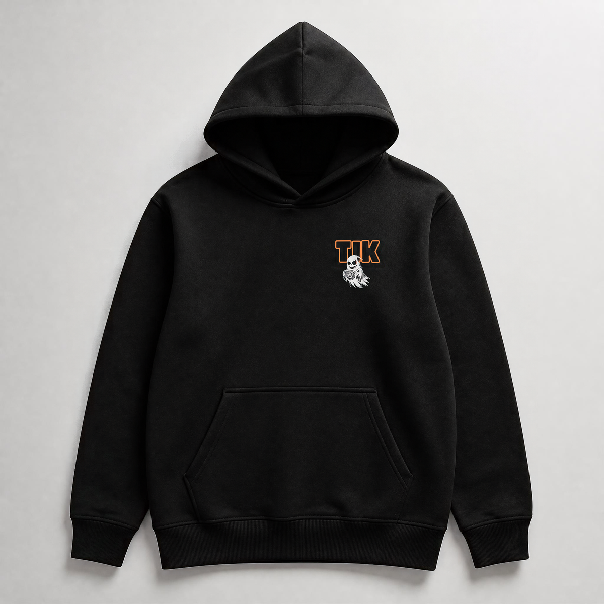 Sudadera infantil/juvenil negra TLK Ghost Halloween delantera corte urbano.