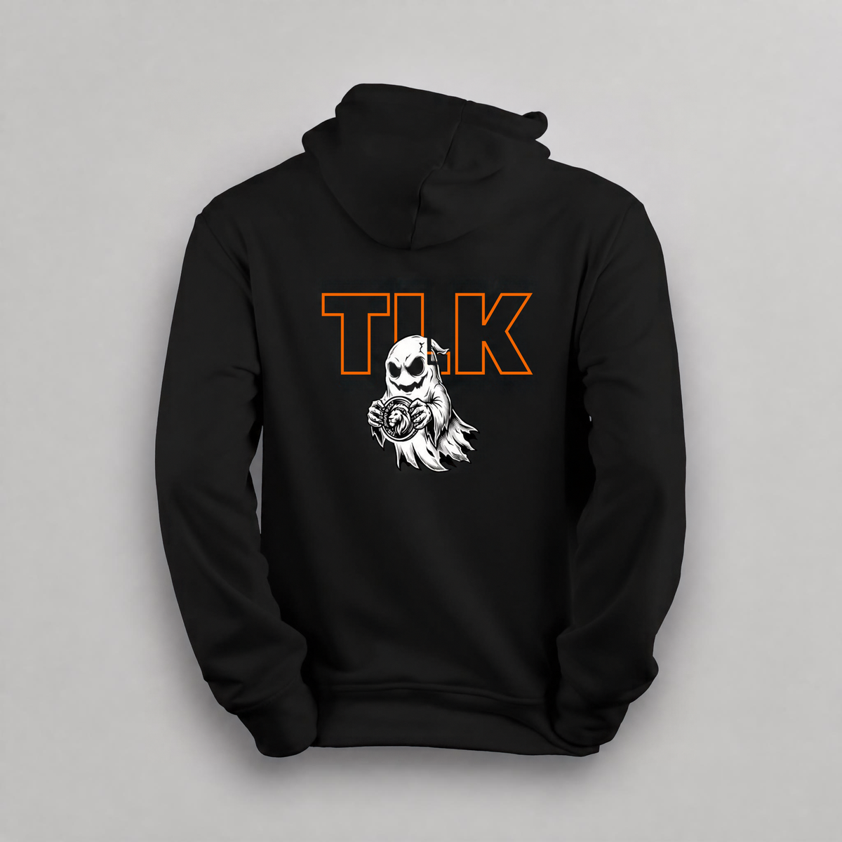 Sudadera infantil/juvenil negra espalda estampado fantasma TLK naranja y blanco